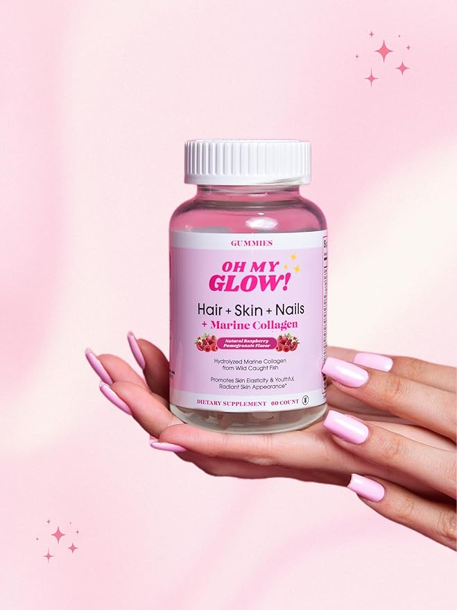 Oh My Glow! Hair Skin &amp Nails + Marine Collagen – Gluten-Free Non-GMO Gummies Raspberry Pomegranate