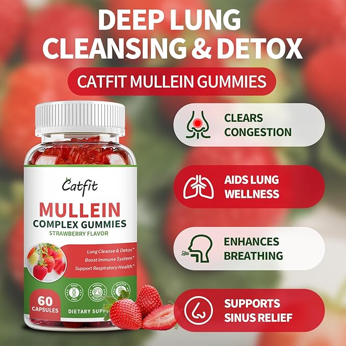 Catfit Mullein Gummies for Lungs Detox &ampLymphatic DrainageMullein Leaf ExtractQuercetin&ampElderberry for Respiratory &amp Immune SupportVegan Strawberry Flavor 120 Gummies