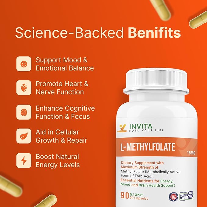 INVITA L-Methylfolate 15mg – Physician Formulated Active Methyl Folate - 5-MTHF Supplement for Energy Mood &amp Brain Health Support - Non GMO Gluten Free 90 Capsules (3 Month Supply)