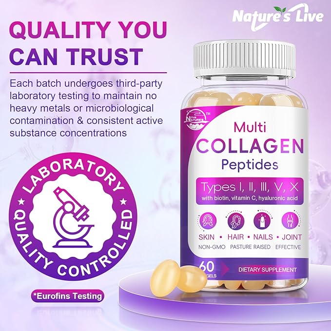 Multi Collagen Peptides Softgel - Type I II III V X - Hydrolyzed Collagen Peptides with Biotin Vitamin C Hyaluronic Acid Supports Skin Hair Nail Grass-Fed Non-GMO 60 Softgel 2 Pack