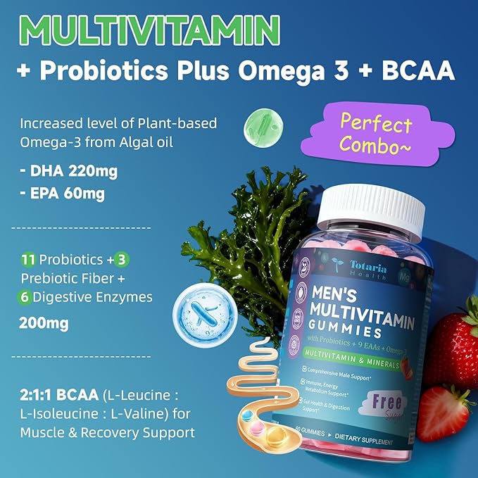 Totaria Men's Multivitamin Gummies &amp Probiotic Prebiotic Postbiotic Gummies Bundle Strawberry Flavor