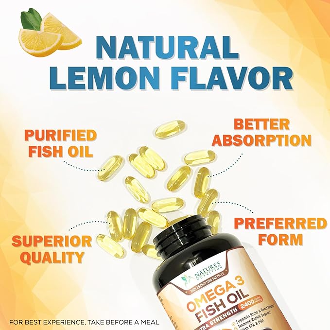 Omega 3 Fish Oil Supplements - 2400mg Fish Oil Per Serving - Triple Strength Omega-3 with EPA &amp DHA Fatty Acids - Natural Heart Brain &amp Immune Support - Wild Caught Bottled in USA - 180 Soft