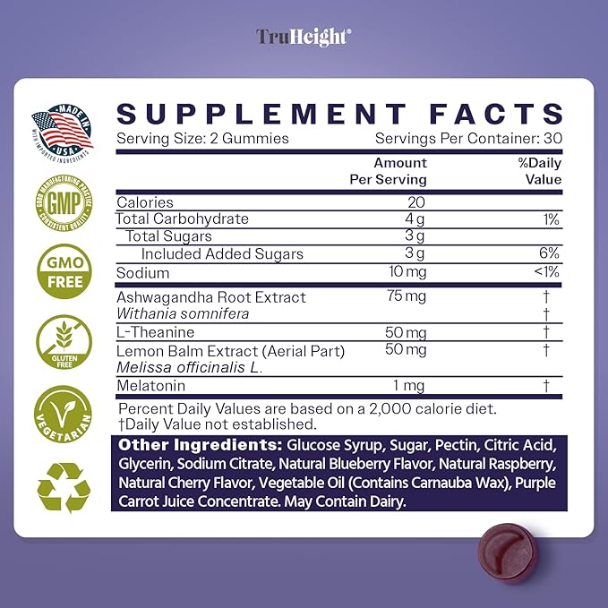 TruHeight Sleep Gummies - Kids &amp Teen Natural Sleep Aid for Tall &amp Growing Bodies - Pediatric Recommended Growth - Melatonin Gummy Ashwagandha L-Theanine Lemon Balm - Mixed Berry Taller Ag