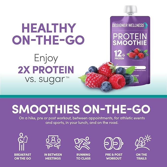 Designer Wellness Protein Smoothie Real Fruit 12g Protein Low Carb Zero Added Sugar Gluten-Free Non-GMO No Artificial Colors or Flavors Mixed Berry 12 Count