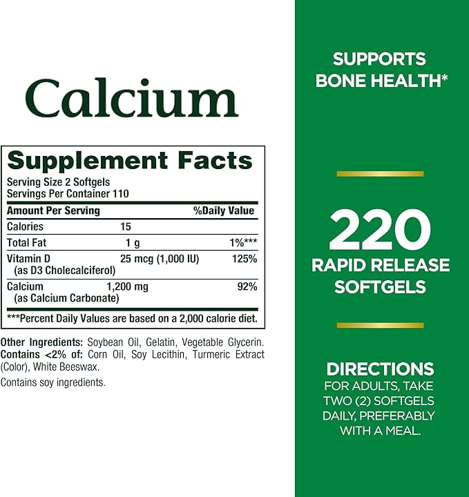 Nature's Bounty Calcium 1200 mg with Vitamin D3 Bone Health &amp Immune Support Vitamin D3 1000 IU 220 Softgels (Pack of 2)