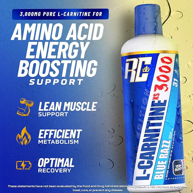 Ronnie Coleman Signature Series L-Carnitine XS 3000 Liquid Amino Acids Metabolism and Lean Muscle Strength Support Stimulant Free Sugar Free Zero Carbs Blue Razz 16 Oz