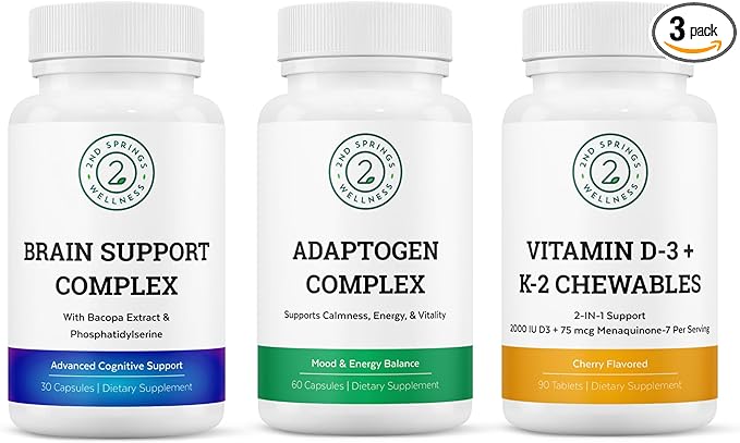 Vitality &amp Mind Wellness Trio Bundle - Brain Support Complex Adaptogen Complex and Vitamin D3+K2