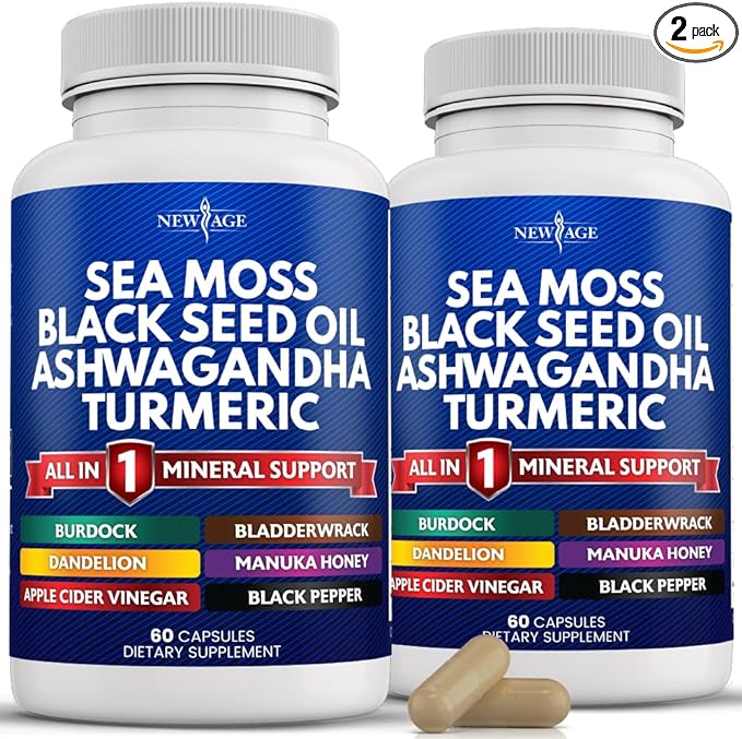 NEW AGE Sea Moss Capsules Black Seed Oil Ashwagandha Turmeric Bladderwrack Burdock - with Manuka Honey Dandelion ACV Black Pepper Gluten Free