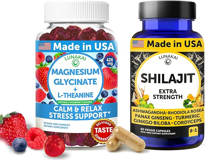 Lunakai USA Made Magnesium Glycinate Gummies &amp Shilajit Capsules Bundle – Stress Support &amp Energy Wellness