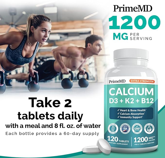 4-in-1 Calcium 1200 mg with Vitamin D3 Supplements for Women and Men - Calcium Extra Strength with Vitamin D3 K2 5000 IU Supplement1200 mg per Serving -Free - Vegan-Friendly (120 Count) (Pack of 1)