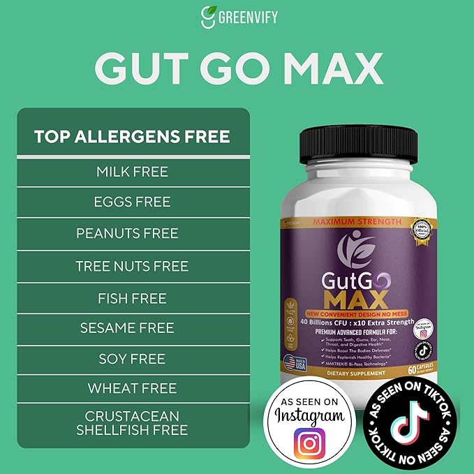 GutGo Max Probiotic Supplement 40 Billion CFU 60 Capsules Maximum Strength Gluten Free Sugar Free (1)