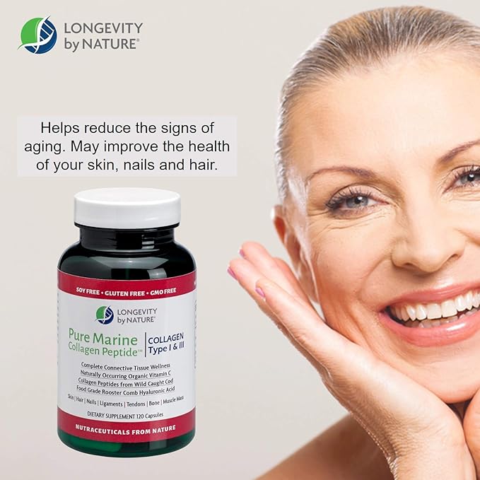 Longevity by Nature Marine Collagen Peptides Type I &amp III – Skin Hair &amp Nail Support Supplement for Women and Men