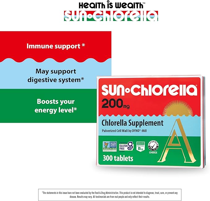 Sun Chlorella 200 mg Green Algae Superfood Supplement - Pulverized Cell Wall - Chlorophyll CGF Active B12 Iron Protein - Non-GMO - 300 Tablets