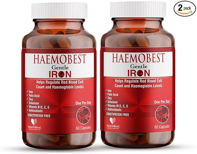 HealthBest Haemobest Gentle Iron Power Capsules with Vitamin C - 60 Count - Boost Haemoglobin Gentle on Stomachs - Non-Constipating Formula - Enhances Red Blood Cells Support