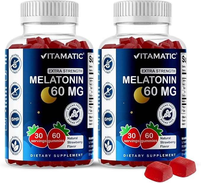Vitamatic Sugar Free Melatonin 60 mg - 60 Vegetarian Gummies - Non-Habit Forming Supplement- 2 Pack