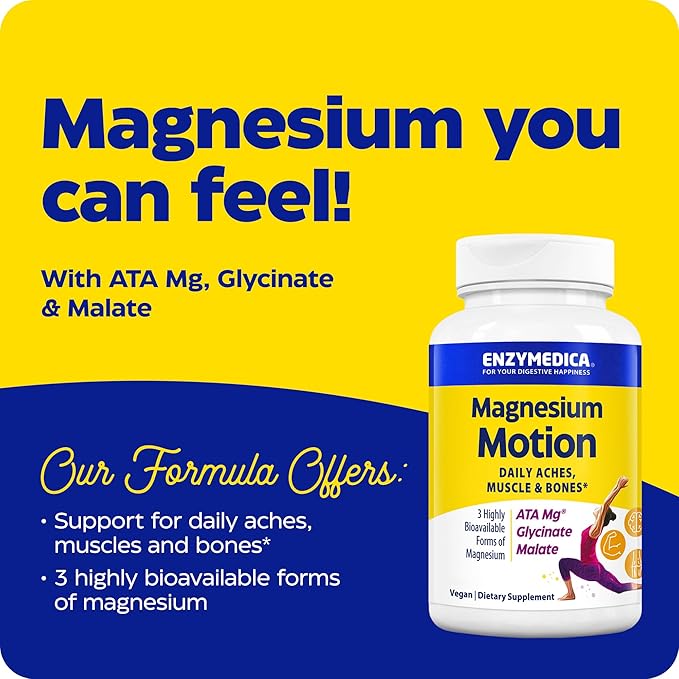Enzymedica Magnesium Motion with 3 Forms of Magnesium ATA Mg Glycinate Malate Soothes Occasional Aches Supports Bones &amp Muscles 60 Count (Pack of 2)