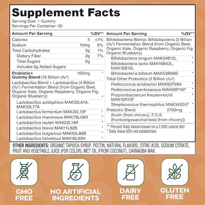 Probiotic Gummies | 10 Billion CFU | Zero Sugar | Prebiotic Fibre | Gut &amp Digestive Support | Vegan | 30 Gummies