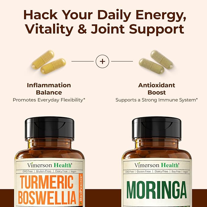 Boswellia Turmeric Curcumin Supplement + Moringa Capsules Bundle – Supports Joint Health Balanced Energy &amp Healthy Metabolism – with Ginger Root Organic Turmeric Powder and 100% Pure Moringa Pow
