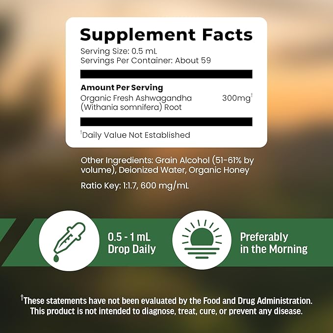 BIOACTIVE Liquid Ashwagandha Drops - Testosterone Health Supplement* - Adaptogen for Stress Support Men’s Wellness - Organic Vegetarian Gluten Free Non-GMO 59 Servings (1 Oz Honey)