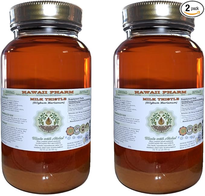 Hawaii Pharm Milk Thistle Alcohol-Free Liquid Extract Professional Grade Small Batch Milk Thistle (Silybum marianum) Dried Seed Glycerite 2x32 oz