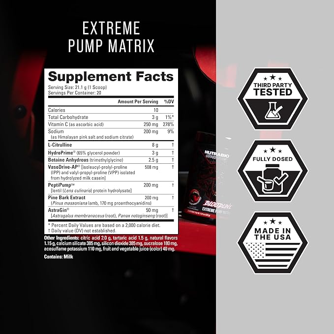 NutraBio Bloodline-Pump Pre Workout Pump Matrix-L-CitrullineGlycerolPeptiPump-NO BoosterExtreme Vascularity &amp Blood FlowHydrationNon Stim PreWorkoutCaffeine Free-Blood Moon Cherry-20 Serving