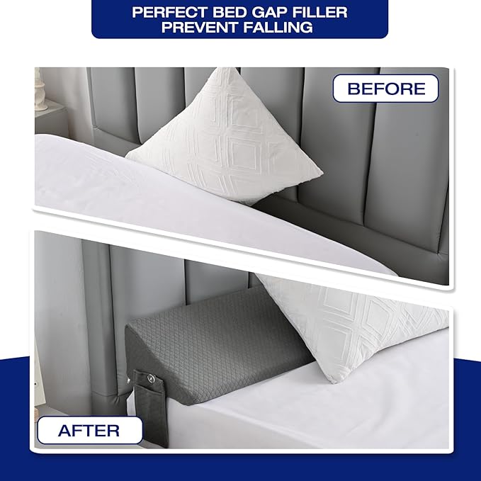 Queen Bed Wedge Pillow for Bed Headboard Gap Filler Light Grey Long Triangle Corner Nora PillowsDense FoamAvoid Things DropsBetween Queen Mattress and FramesUpraise Pillow for Sleeping Bedding