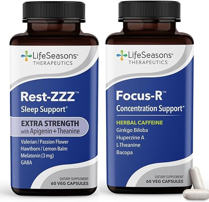 LifeSeasons Rest-ZZZ Extra Strength + Focus-R Bundle – Natural Sleep &amp Brain Support – Fall Asleep &amp Stay Asleep Boost Concentration &amp Mental Performance – Low Dose Melatonin 60 Capsules