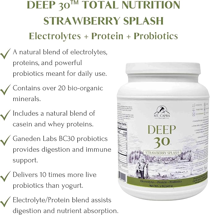 Mt. Capra Deep 30 | Meal Replacement Shake Goat Protein Powder with Grass-Fed Whey Protein Casein Protein Minerals and BC-30 Probiotics | Strawberry Splash | 30 Servings - 2 Pounds