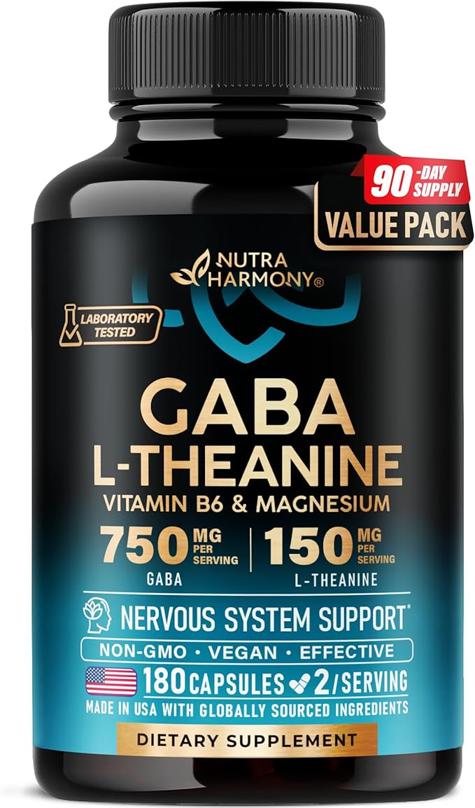 GABA L-Theanine 900 mg - Made in USA - Magnesium | Vitamin B6 - Calm Sleep Relaxation &amp Mood Support - 750 mg Gamma AminoButyric Acid 150 mg L-Theanine - Non-Habit Forming Vegan - 180 Capsules