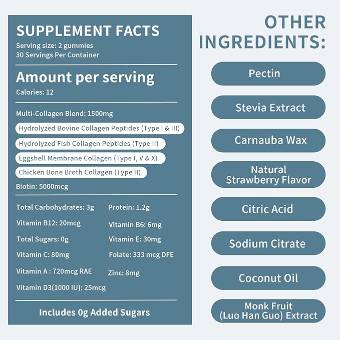 Collagen Gummies for Women Sugar Free Hydrolyzed Collagen Peptides Gummies Type I II III V X with Biotin Zinc Vitamins C A B D E for Skin Hair Nails Bone120 Count