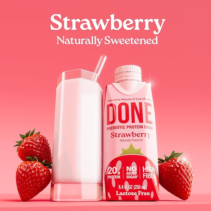 Done Prebiotic Protein Drink Strawberry 20G Whey Protein High Fiber Protein Shake With Prebiotics Gluten Free Lactose Free No Added Sugar Natural Flavor Non GMO 8.4 FL Oz Each 15 Pack