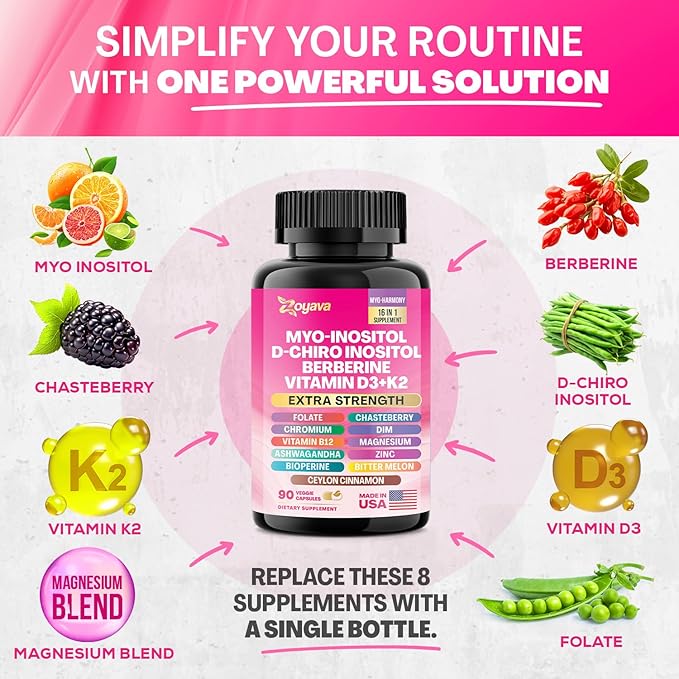 Myo Inositol Supplement 750mg Berberine 500mg D-Chiro Inositol 50mg Folate 400mcg Chromium 100mcg Ceylon Cinnamon 200mg Ashwagandha 100mg DIM 75mg Vitex Chasteberry 150mg 90 Capsules (2 Pack)