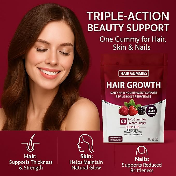 Lumin Hair Growth Gummies – Daily Hair Nourishment with Biotin Collagen &amp Botanical Extracts – Supports Thicker Stronger &amp Healthier-Looking Hair – Mixed Berry Flavor 60 Gummies (2)