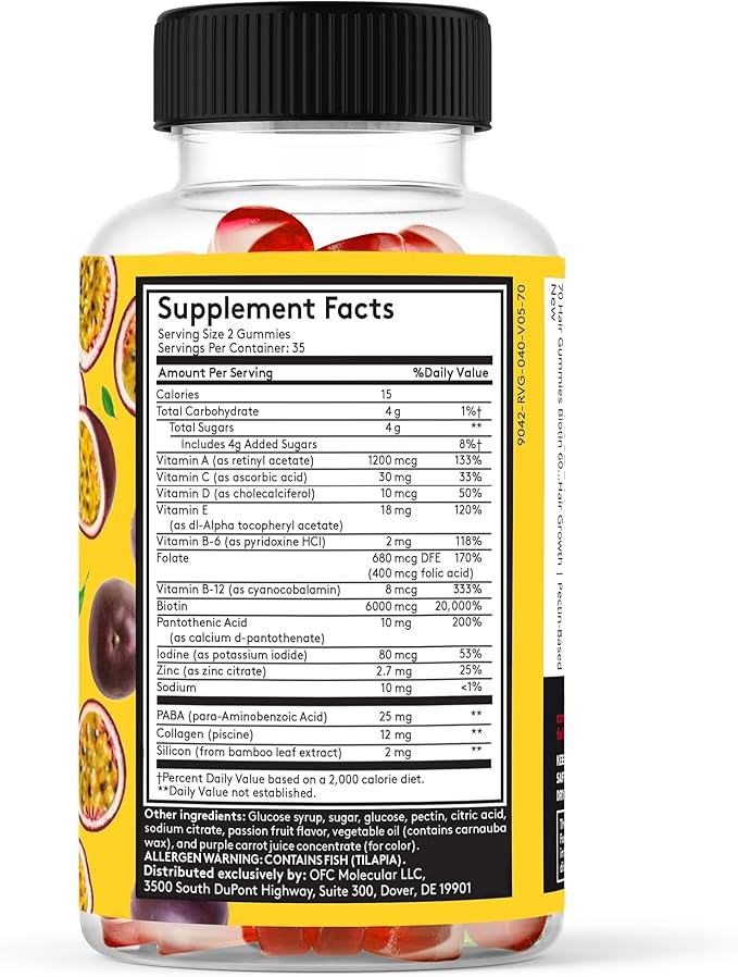 70 Hair Gummies Biotin 6000mcg Collagen Silicon PABA &amp Multivitamins | Hair Skin and Nails Vitamins Gummy for Women | B Complex Folic Acid 400mcg Vitamin A C D E &amp Zinc for Hair Growth | Pecti