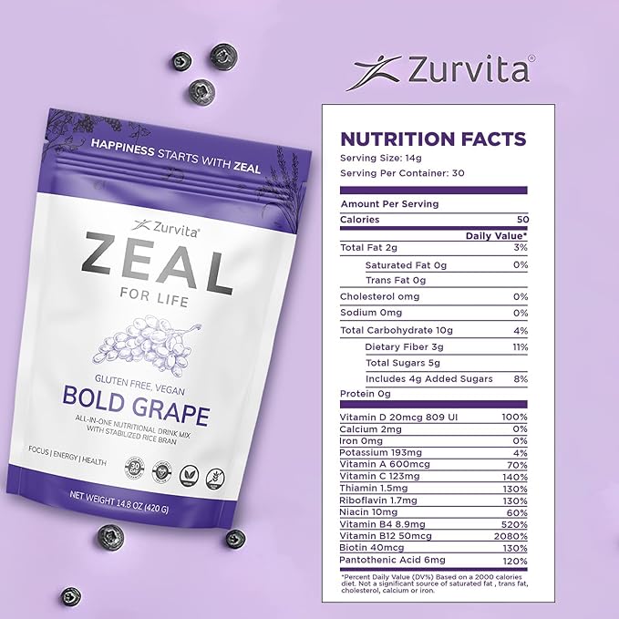 Zurvita - Zeal for Life - Bold Grape Flavor - Daily Nutritional Supplement for Vitality Immunity &amp Overall Wellness - 30-Day Wellness Bag 420 Grams