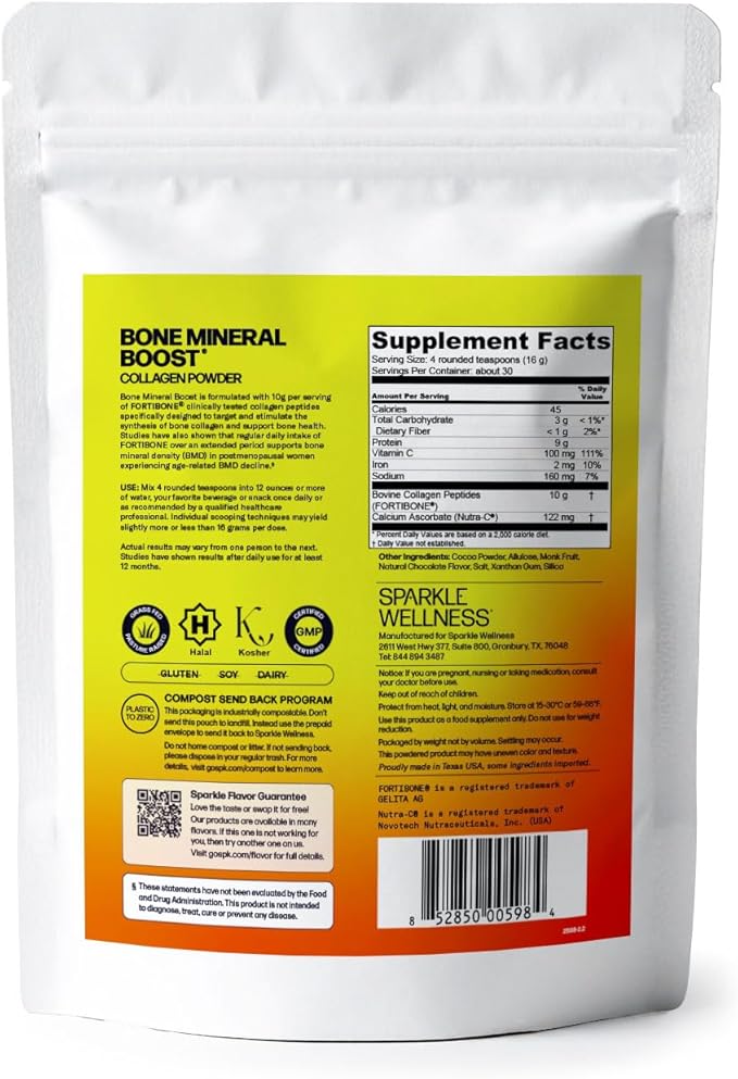 Sparkle Wellness FORTIBONE Bioactive Collagen Peptides | Collagen Powder Supplement with Nutra C Buffered Vitamin C for Bone Health | Bone Mineral Boost (Chocolate) [30 Serves]