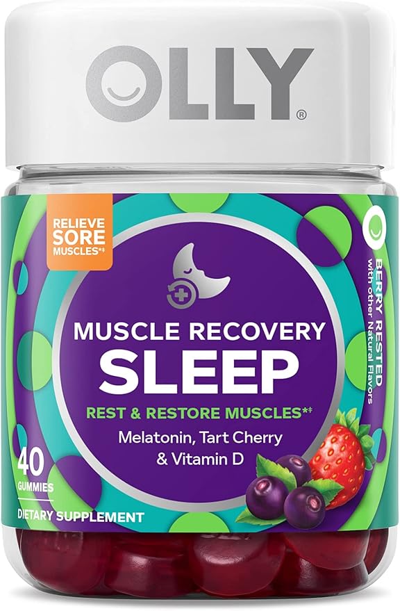 OLLY Muscle Recovery Sleep Gummies Sleep and Sore Muscle Support 3mg Melatonin Tart Cherry &amp Daily Energy Gummy Caffeine Free Vitamin B12 CoQ10 Goji Berry Adult Chewable Supplement