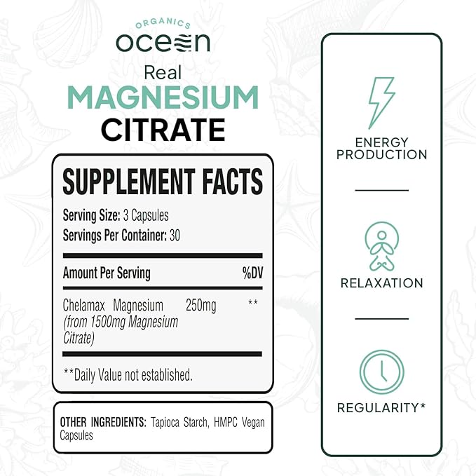 Organics Ocean Real Magnesium Citrate - High Absorption Magnesium Supplement - Chelated Magnesium to Support Energy Relaxation and Regularity
