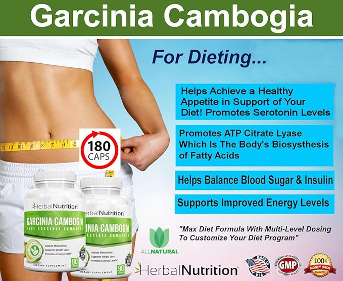 Herbal Nutrition Garcinia Cambogia for Weight Management and Kidney Stone Management 2 90 Count Bottles 180 Capsules 60% and 95% HCA Blend Dosing 700mg - 2400mg