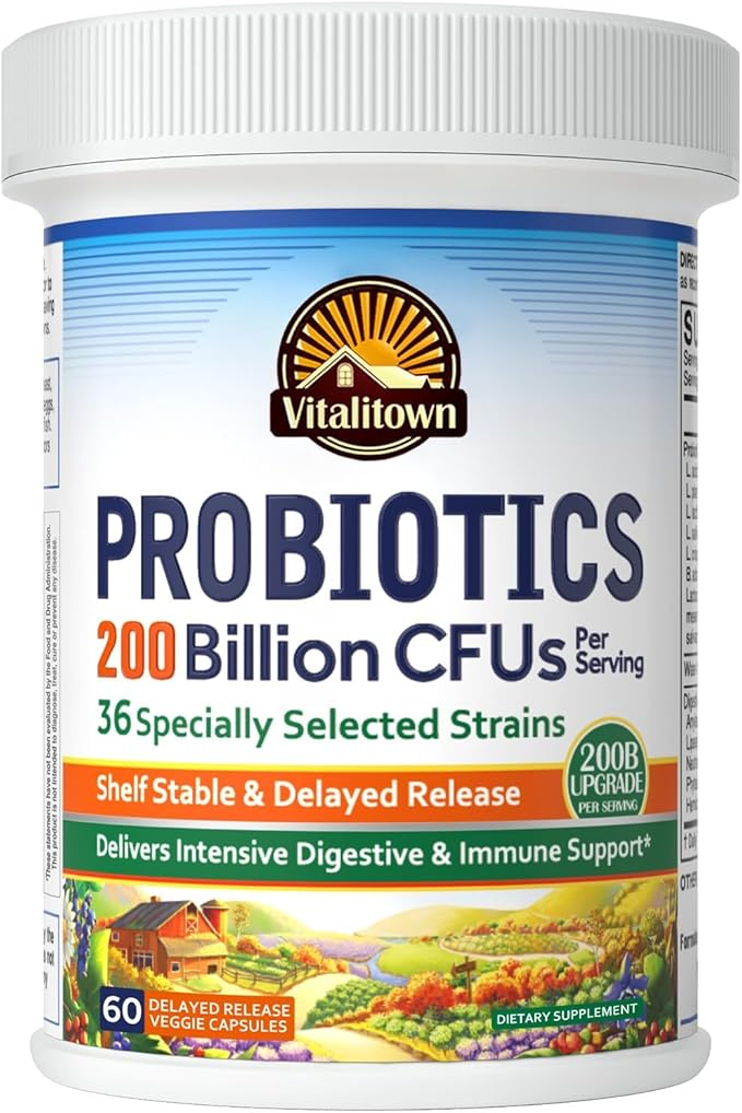 Vitalitown Probiotics 200 Billion CFUs 36 Strains | Shelf Stable Acid &amp Bile Resistant | Intensive Digestive &amp Immune Support | Men &amp Women Probiotics | Vegan Non-GMO | 60 ct