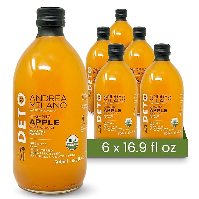 Andrea Milano Organic Apple Cider Vinegar – Raw Italian Natural Vinegar with the Mother Unfiltered Unpasteurized Non-GMO Vegan Bulk Glass Bottle (16.9 fl oz(Pack of 6))