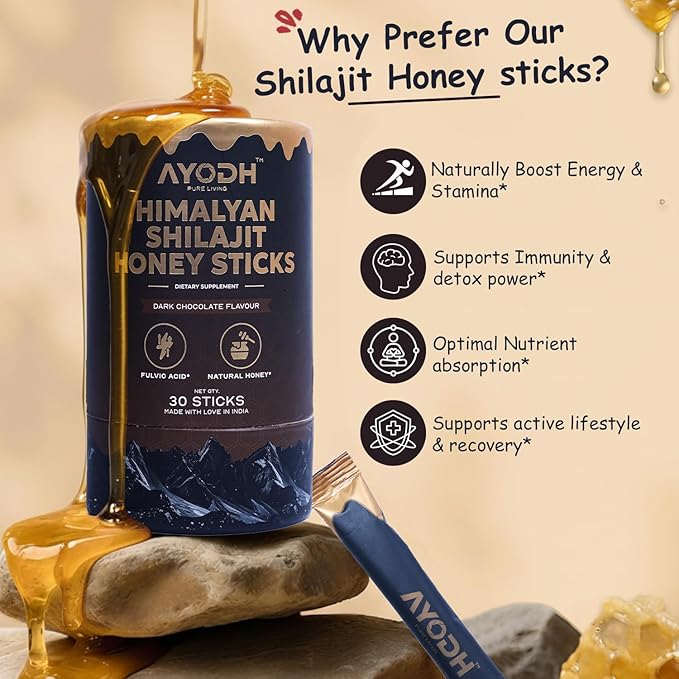 Himalayan Shilajit Honey Sticks with Natural Honey Dark Chocolate Flavor – 30 Count 75%+ Fulvic Acid 85+ Trace Minerals Easy Single-Use Energy &amp Immunity Support