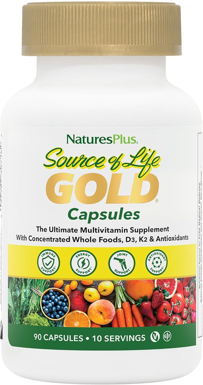 NaturesPlus Source of Life GOLD Multivitamin - 90 Vegetarian Capsules - With Vitamins D3 B12 K2 &amp More Than 120 Whole Foods - Blood Bone &amp Immune Support - Gluten Free - 10 Servings