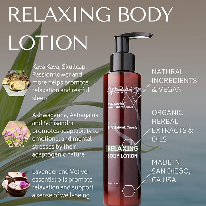 RD Alchemy - Natural &amp Organic Relaxing Body Lotion with Aromatherapy Stress Relief and Sleep Benefits. Lavender Essential Oil Kava Kava Skullcap &amp more calm the body &amp quiet the mind