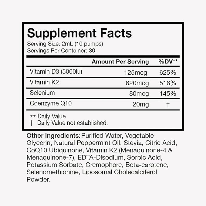 Terra Health Essentials Liposomal Vitamin D3 + K2 with CoQ10 &amp Selenium - High Absorption Liquid Supplement for Bone &amp Heart Wellness Calcium Support Immune &amp Mood Balance - 2oz 30-Day