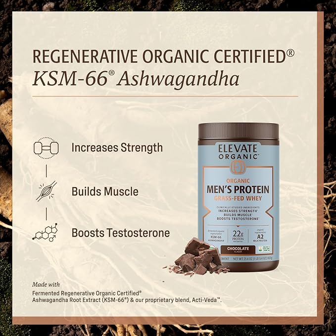 Men’s Whey Protein Powder Chocolate Grass Fed A2 Regenerative Whey with KSM-66 Ashwagandha® &amp Acti Veda™ (22g Protein)