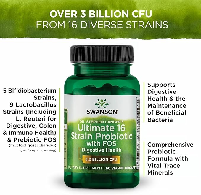 Swanson Dr. Stephen Langer's 16-Strain Probiotic with Prebiotic FOS for Gut-Health-Conscious Adults with 3.2 Billion CFU (60 Vegan Capsules 3 Pack)