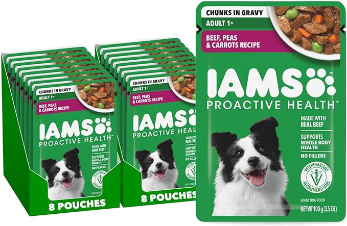 IAMS Proactive Health Adult Wet Dog Food Beef Peas and Carrots Recipe 3.5 oz. Pouch (16 Count Pack of 1)