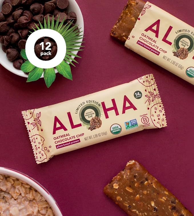 ALOHA Organic Plant Based Protein Bars - Oatmeal Chocolate Chip - 12 Count 1.9oz Bars - Vegan Snacks Low Sugar Gluten-Free Low Carb Paleo Non-GMO Stevia-Free No Sugar Alcohols