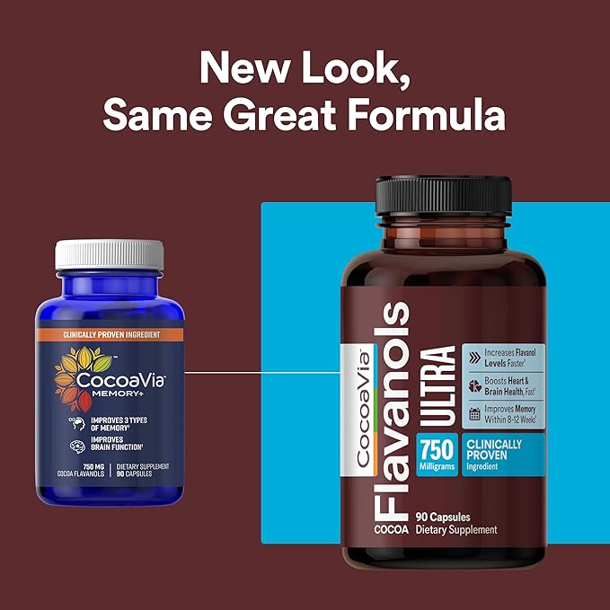 CocoaVia Ultra 750mg Cocoa Flavanols – Heart &amp Brain Support Memory &amp Blood Circulation Booster High Flavanol Cocoa for Nitric Oxide Energy &amp Oxygen Boost Vegan Gluten-Free 30-Day Su